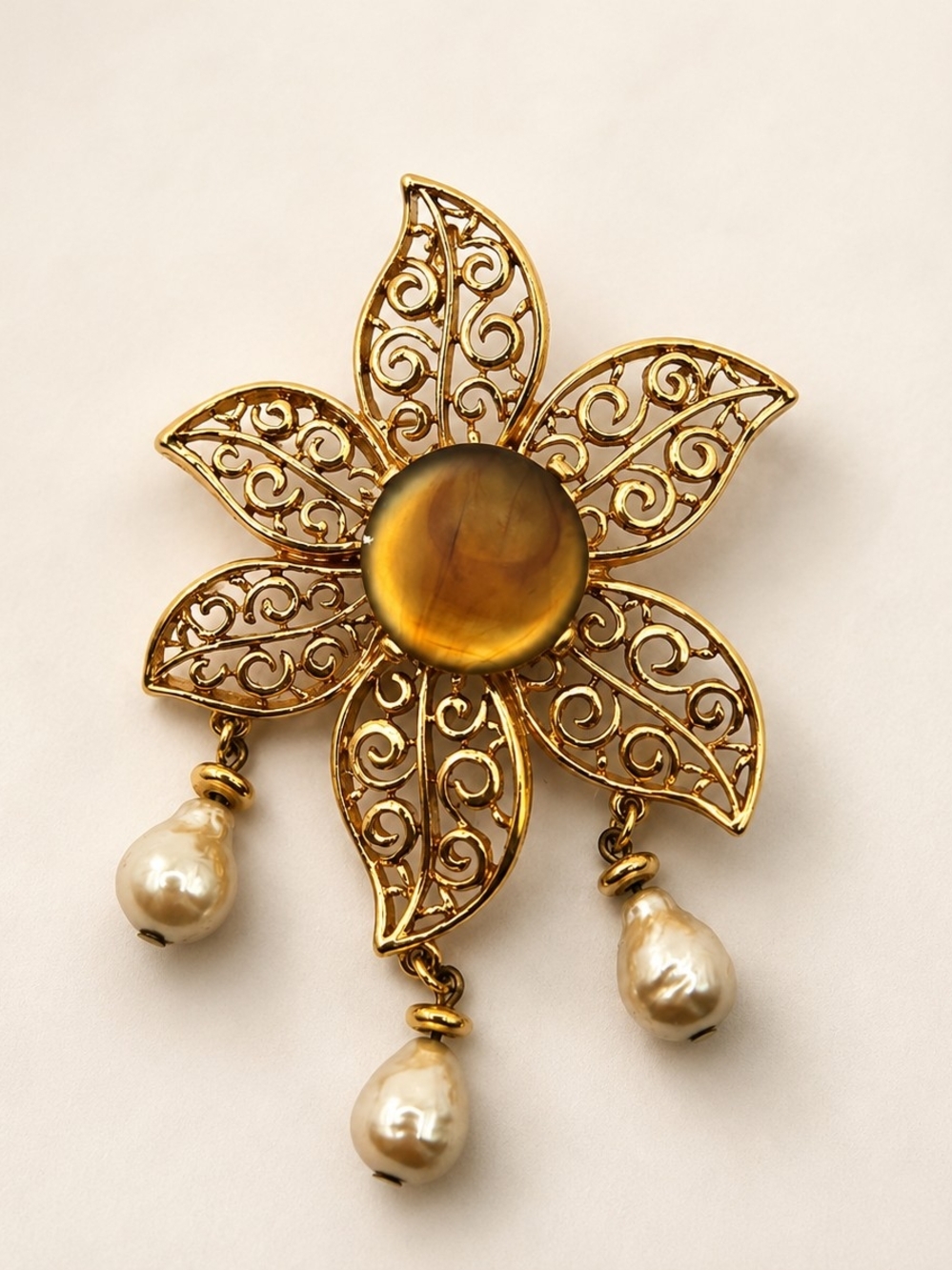 Vintage Ivana Trump Filigree Flower Brooch with Amber Center and Pearl Drops
